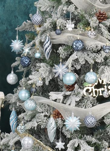 82Pcs Blue and Silver Christmas Ornaments Set, Shatterproof Christmas Decorations for Tree Assorted Plastic Craft Baubles Snowflake Ball Ornaments for Holiday Xmas Party Decor (Blue & Silver)