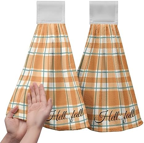 Fall Autumn Hand Towel with Hanging Loop Set of 2 Thanksgiving Country Orange Hanging Kitchen Towels Checkered Plaid Tartan Dishcloth Fingertip Bath Tie Towels for Bathroom Farmhouse Decor
