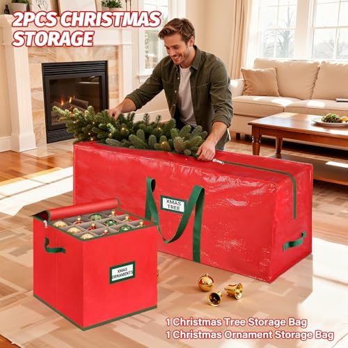 StorageRight Christmas Tree Bag & Ornament Storage Box 2Pcs Set, Waterproof 9 Ft Tree Storage & 64-Compartment Organizer with Dividers, Tag Pockets & Handles, Heavy-Duty Xmas Decor Containers, Red