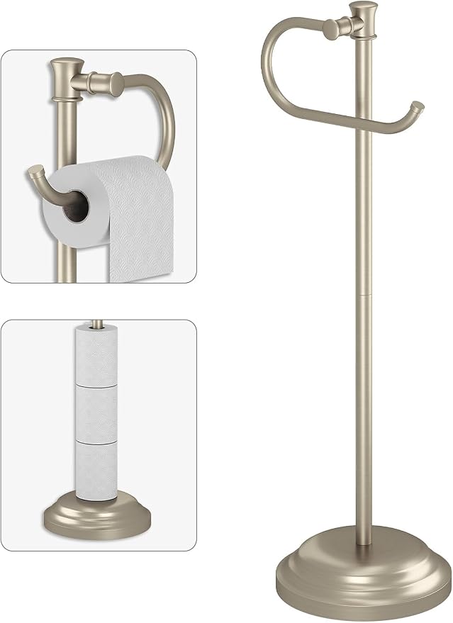 BESy Toilet Paper Holder Stand SUS 304 Free Standing Bathroom Tissue Holder with Storage Hardware Accessories Rack Hand Towel Bar Rustproof Lavatory Tissue Roll Holder Floor Modern Brushed Nickel