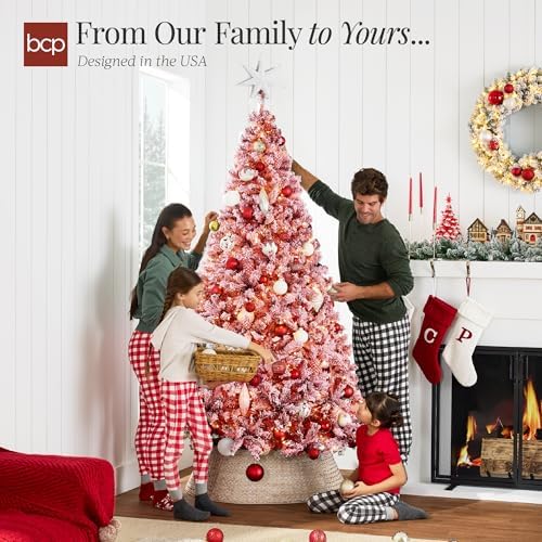 Best Choice Products Pre-Lit Red Christmas Tree, 6ft Artificial Flocked Full Fir Tree, Holiday Decoration w/ 250 Lights, 928 Branch Tips