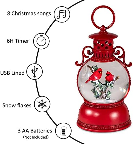 Christmas Snow Globes, Cardinal Christmas Water Globes with 8 Songs, 6H Timer Battery & USB Powered Glitter Snow Globe Music Box Suitable for Christmas Home Decorations Holiday Party Gifts