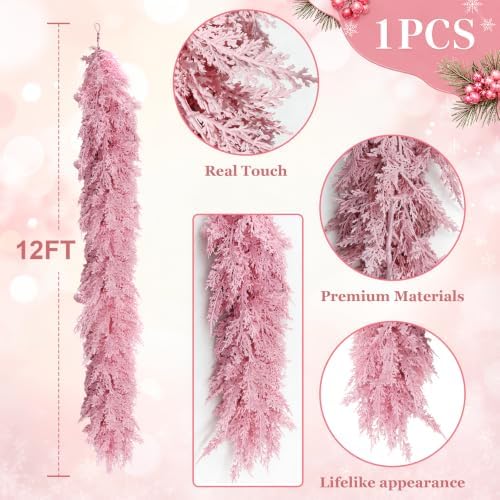 12FT Pink Christmas Cedar Garland, Realistic Artificial Garland, Soft Pastel Xmas Decorations Indoor Outdoor, Faux Holiday Garland for Mantle, Fireplace, Table, Door, Wedding Party Decor