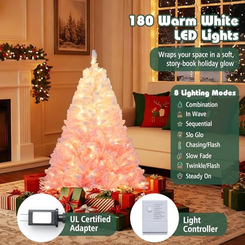 HAPPYGRILL 5 FT Pre-lit Flocked Christmas Tree Pink Hinged Xmas Tree with 456 Branch Tips, 180 Warm White LED Lights & Folding Metal Stand, for Home Office Carnival