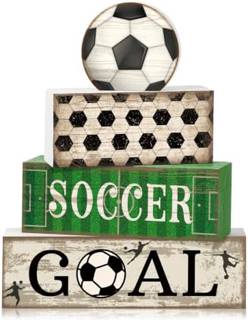 Moucuny 4 Pcs Soccer Table Decorations Farmhouse Soccer Wooden Block Signs