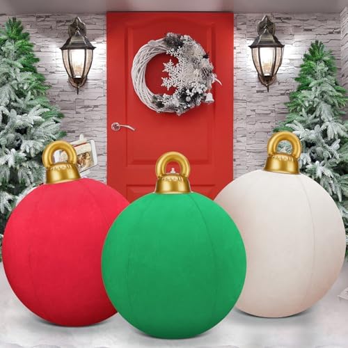 3 Pcs 32 Inch Giant Velvet Christmas Inflatable Balls, Red, Green, White