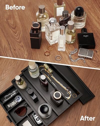 Cologne Organizer for Men, 3 Tier Wooden Cologne Stand with Drawer Storage and Hidden Compartment, Perfume Display Holder for Dresser, Great Gifts for Him Dad Fathers Day, Black