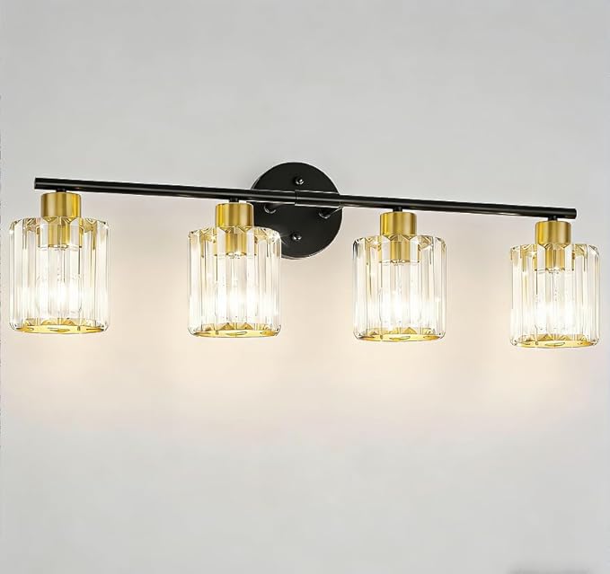 Crystal Bathroom Light Fixtures, Bathroom Lighting Fixtures Over Mirror, Modern Black Gold 4-Light Vanity Lights for Mirror, Restroom, Bedroom (Ceramic E26 Socket,Bulbs Not Include)