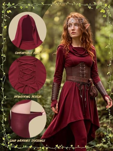 10 Pcs Women Renaissance Halloween Fairy Costume Medieval Hooded Elf Dress