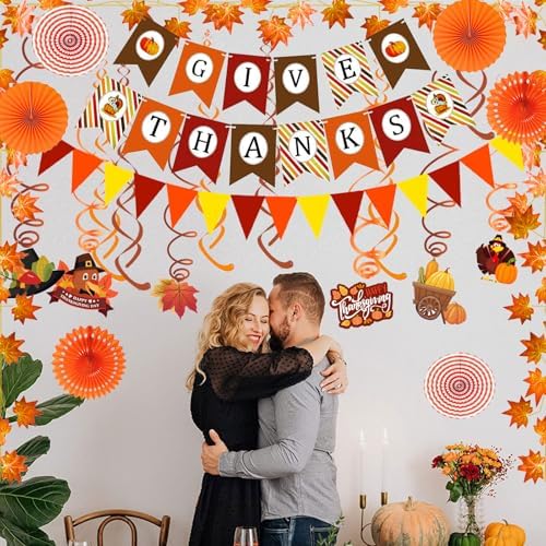 Fecedy Give Thanks Pumpkin Maple leaf Paper Banner Triangle Flag Bunting Maple Leaf Hanging Garland Paper Fan Flower Swirl Streamers for Thanksgiving Day Party Decoration
