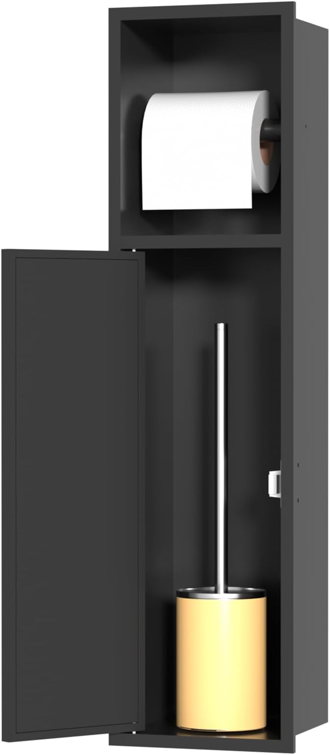 Matte Black Recessed Toilet Paper/Brush Holder, 304 Stainless Steel in Wall Toilet Brush Holder with Dispense and Storage for Bathroom, Wall Insert Tissue Brush Storage Cabinet for Bathroom