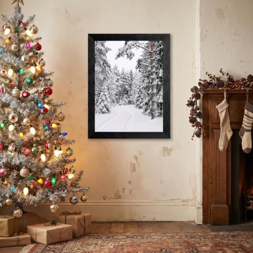 Framed Snowy Pine Path Canvas Wall Art, Winter Art, Black Frame Inch 12x16