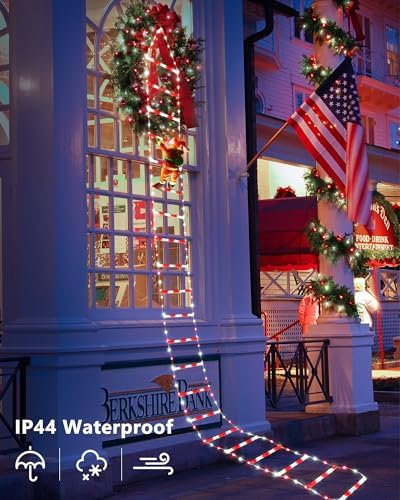 Toodour LED Christmas Lights - 10ft Christmas Decorative Ladder Lights with Santa Claus, Xmas Decorations Light for Indoor Outdoor, Window, Garden, Home, Wall, Xmas Tree Decor - White & Red