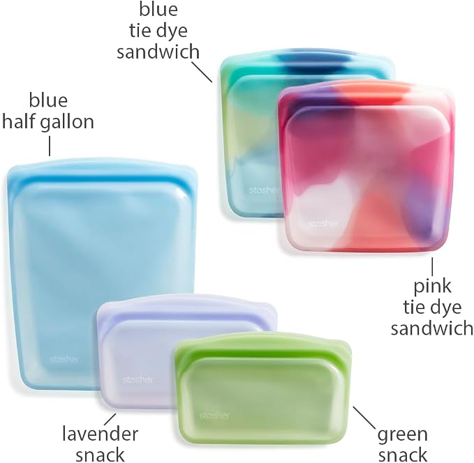 Stasher Premium Reusable Silicone Food Storage Bags, 5-Pack, Tie Dye Multicolor | Reusable Food Bag