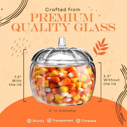 HOMESPHERE 70 oz. Orange Glass Pumpkin Candy Jar with Lid – Large Storage Container for Halloween Treats, Candies, Cookies & Fall Décor Display