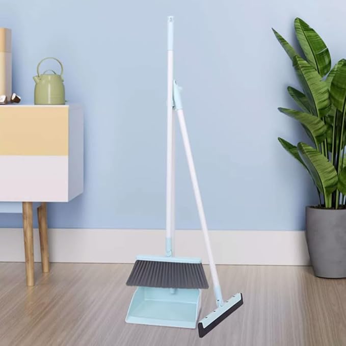 Modern Standing Dustpan and Broom Set for Home Self-Cleaning with Dustpan Teeth and Broom Long Handled Convenient, B Blue 3 Pcs