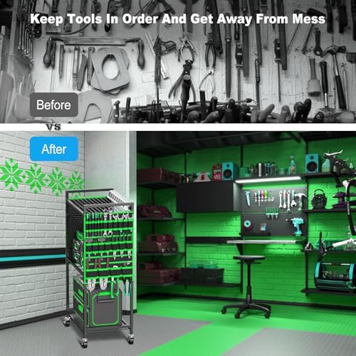 JUNNUJ Power Tool Organizer Cart with Charging Station, 10 FT Cord, Green
