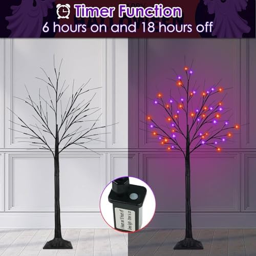 2 Pack 4FT Black Halloween Tree with 100 LED Orange and Purple Lights