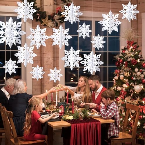Snowflake Decorations, Paper Christmas Hanging Decor Indoor, White, 24-Pc