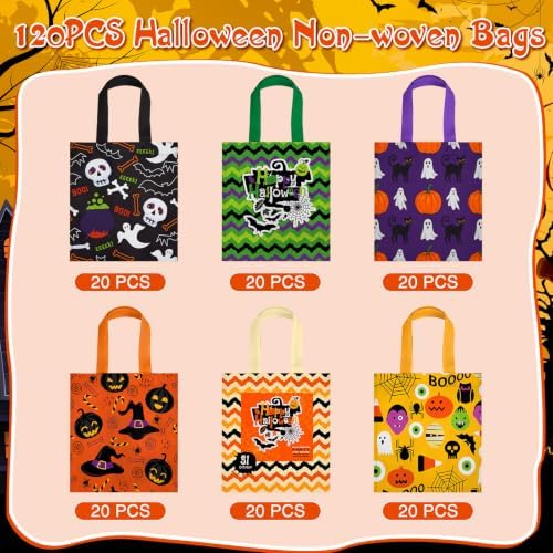 Sweetude 120 Pcs Halloween Tote Bags Bulk Trick Treat Bag with Handles Reusable Non Woven Halloween Treats Party Gift Favors Bags for Kids(Skull & Ghost)