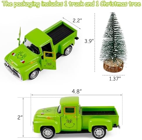 Christmas Green Truck Decor, Green Tree Truck Decorations for Home Indoor, Mini Cute Christmas Tree Tiered Tray Decor, Farmhouse Kitchen Tabletop Centerpiece Decorations