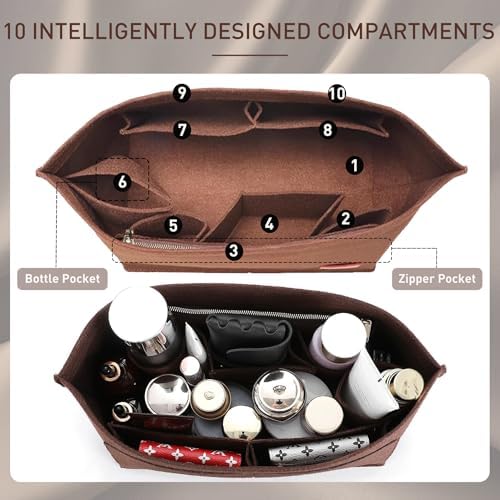 Doxo Purse Organizer Insert for Handbags & Base Shaper 2pc Set, Felt Neverfull PM Organizer Insert, Tote Bag Organizer with Zipper Pocket and Bottle Holder, Fit Neverfull PM and More, Brown-M
