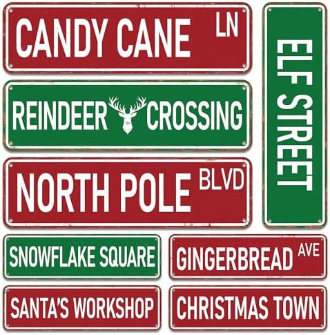 Candy Cane Lane Christmas Decorations 8 Pack, Double-Sided Vintage Street Signs of North Pole/Santa’s Workshop/Gingerbread & More, All-Weather Outdoor Christmas Signs Yard Tree Ornament, 4 x 14 Inch