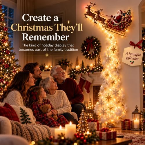 Christmas Magic Trail Wall Light -3D LED Glowing Christmas Scene Wall Decoration, Santa Sleigh Reindeer Hanging Decoration Indoor Holiday Decor for Living Room, Festive Xmas Gift，Christmas Bell