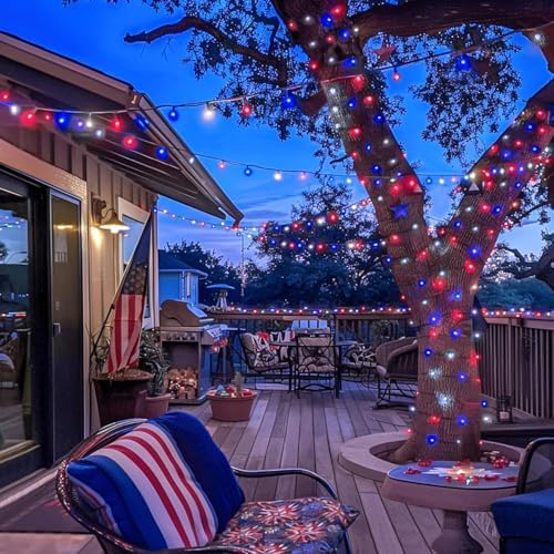 JMEXSUSS 600 LED Red White and Blue Lights Outdoor,4th of July Decor Lights