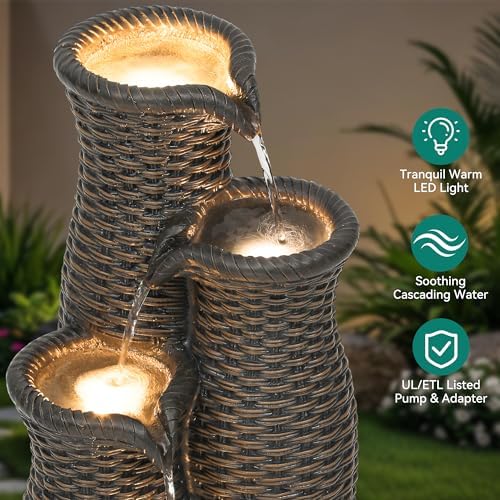 AUTODAYA 5-Tier Faux Rattan Vase Water Fountain Outdoor with LED Lights