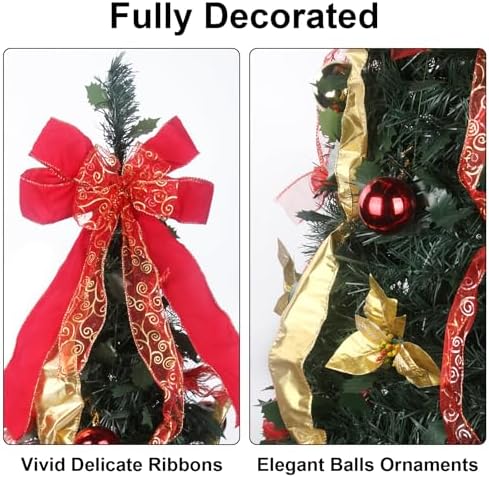 6.5FT Pop Up Christmas Tree with Lights and Decorations & Remote & Timer, Prelit Fully Decorated Pull Up Artificial Christmas Tree with Xmas Ball Ornaments Bows Ribbons for Xmas Party Decor