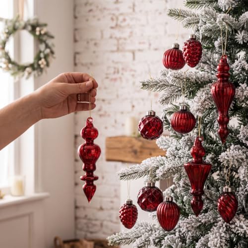 Vercraft 20 Pcs Vintage Mercury Glass Finial Christmas Ornaments, Burgundy