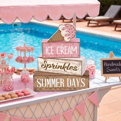 Lineshading 4 Pcs Ice Cream Summer Tiered Tray Decor Table Block Signs