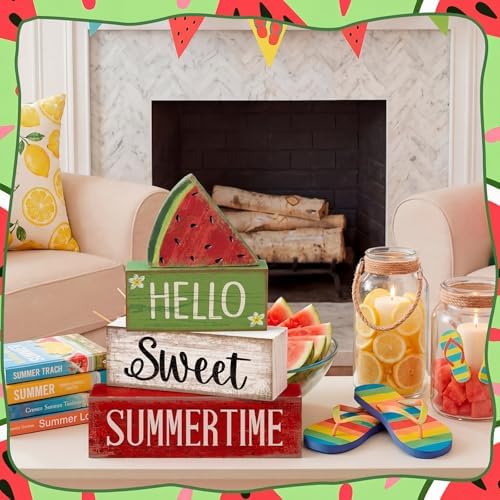 Moucuny 4 Pcs Summer Table Decor Watermelon Wooden Signs Farmhouse