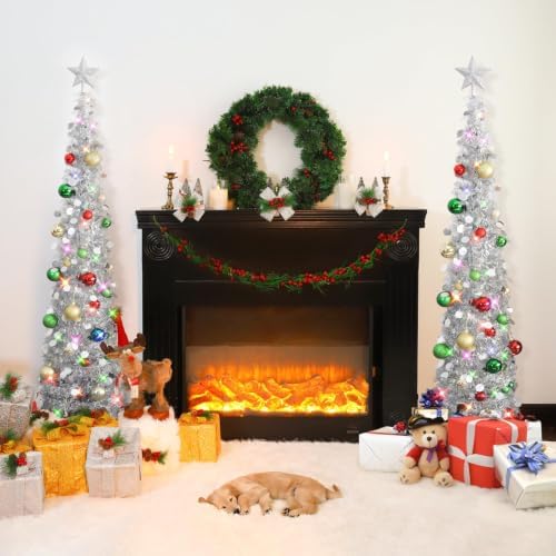 N&T NIETING Pop Up Christmas Tree with Lights & 30 Balls, 5Ft Collapsible Silver Tinsel Christmas Tree Decoration for Holiday Home Office Decor