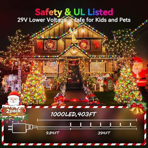 Hezbjiti 2Pack 1000 LED 403 FT Christmas Lights Outdoor String Lights 8 Modes with Timer Memory Waterproof Fairy Lights Plug in for Classroom Bedroom Wedding Party Holiday Xmas Decorations(Multicolor)