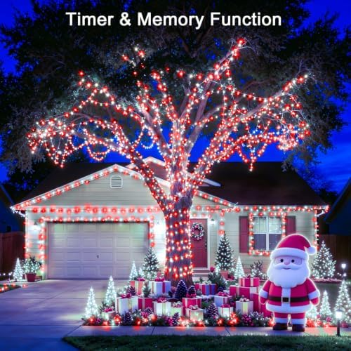 KNONEW 403ft 1000 LED Christmas String Lights Outdoor 8 Modes & Timer Fairy Light Plug in Waterproof for Xmas Yard Tree Wedding Party Holiday Decorations (Red and White)