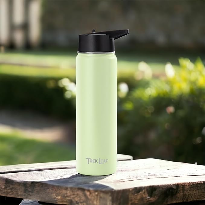 Travel Water Bottle with 3 Lids (Spout, Straw, Flip) Leak Proof, Quality, Vacuum Insulated, Stainless Steel (Sage Sprout, 22 oz)