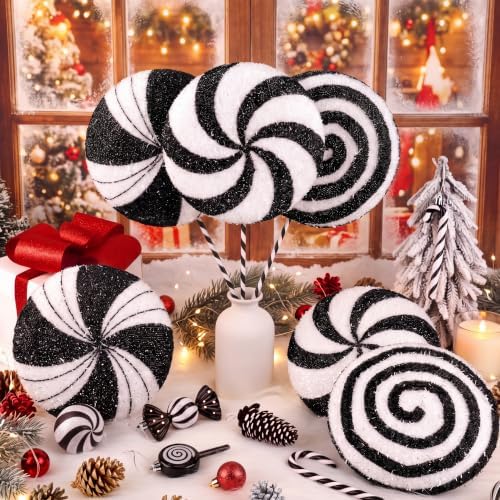 Hollowfly 27 Pcs Large Candy Christmas Decorations 7.87" Peppermint Lollipop Candy Christmas Decorations with Hanging Xmas Tree Ornaments Lollipop for Home Xmas Party Decor(Black and White)
