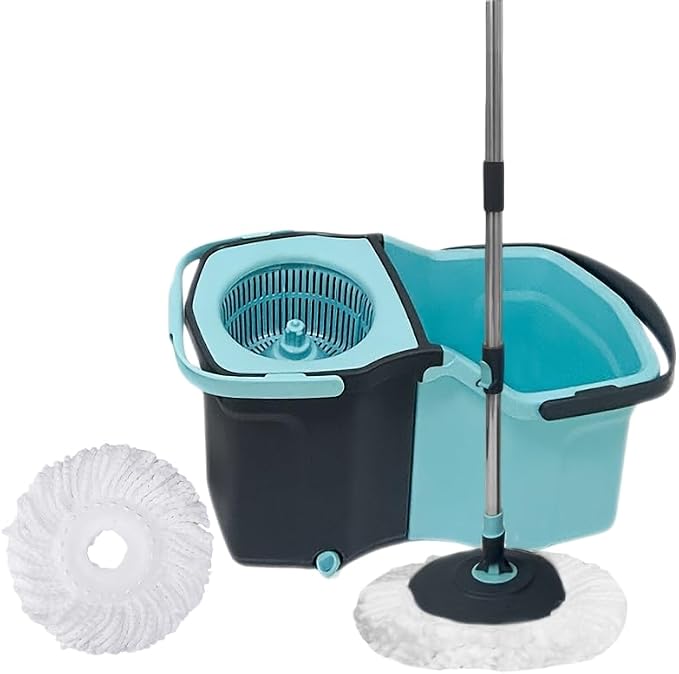 Spin Mop and Bucket Set with Telescopic Handle, Detachable Design, Hands-Free Wringing, 2 Microfiber Mop Heads,Blue/Gray