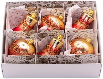 Luxury Handcrafted European Glass Christmas Bell & Ball Ornaments - Set of 6 - Red & Gold Classic - 8 cm - Mouth-Blown & Hand-Painted