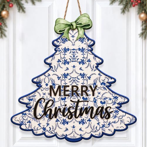 Chinoiserie Christmas Decorations Blue Floral Christmas Tree Wooden Sign