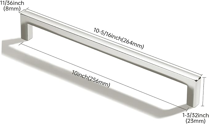 khtumeware 2 Pack 10 inch(256mm) Hole Center Polished Nickel Cabinet Pulls Solid Heavy-Duty Square Cabinet Handles Drawer Pulls Kitchen Cabinet Hardware Kitchen Handle