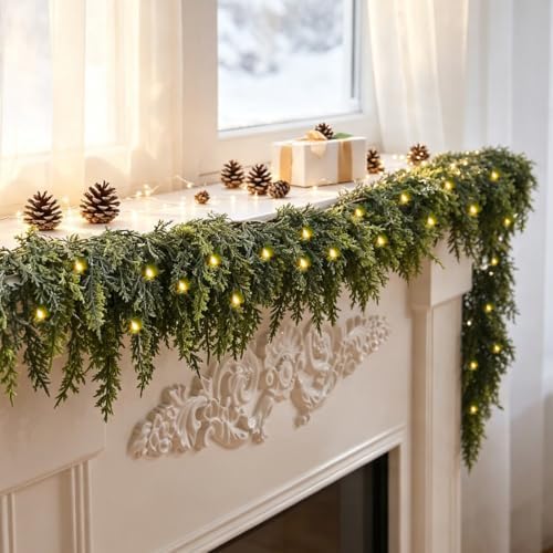 6FT Christmas Garland with Lights, Real Touch Cedar Garland