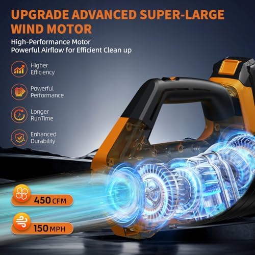 Leaf Blower, Leaf Blower Cordless with 2 * 2.6AH Batteries and Fast Charger, 450CFM &150MPH and 2 Speed Mode, Lightweight Electric Leaf Blowers for Lawn, Yard, Leaves, Dust Care (Orange)