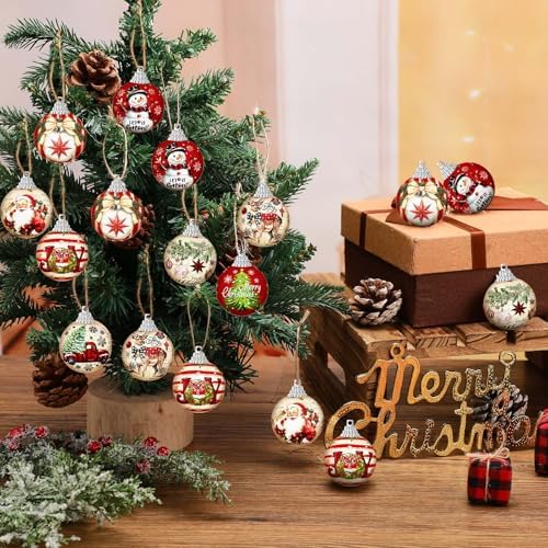 Outus 16 Pcs Christmas Ball Ornaments for Tree Merry Christmas Snow Joy Hanging Ornaments Xmas Santa Claus Snowman Balls for Tree Decoration Xmas Gifts Farmhouse Home Fireplace Decoration