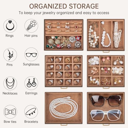 AKOZLIN 6-Tier Jewelry Box Organizer 5 Drawers Storage Medium Brown