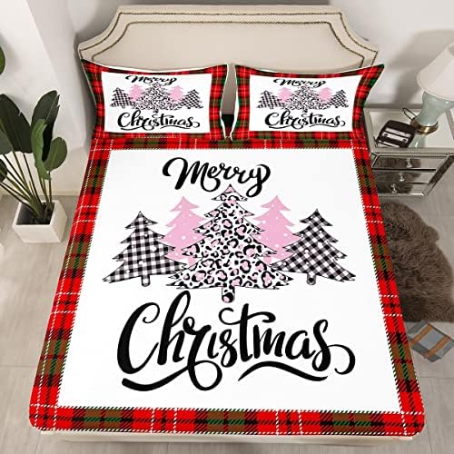 Castle Fairy Christmas Tree Sheet Set Kids Boys Girls Striped Grid Fitted Sheets Set Full Size Red Green Grid Bedding Sheet Sets Includes 1 Flat Sheet,1 Fitted Sheet,2 Pillowcases