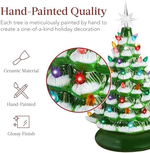 Best Choice Products 15in Ceramic Christmas Tree, Pre-lit Hand-Painted Tabletop Holiday Tree, 2 Star Toppers, 64 Lights - Flocked w/Multicolored Bulbs
