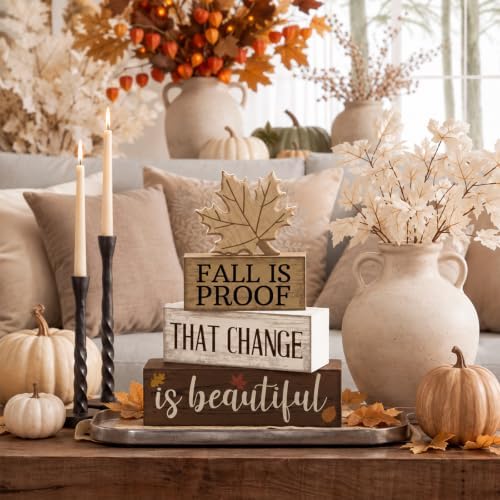 Moucuny 4 Pcs Fall Table Decoration for Home Wooden Neutral Maple Leaf